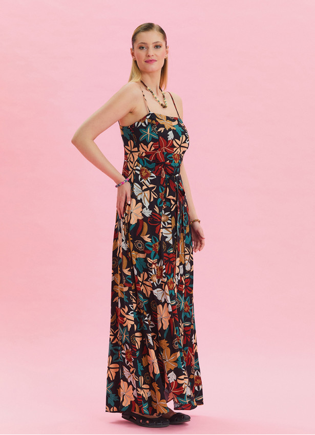 Thin Strap Waist Tie Petrol Floral Dress 4550